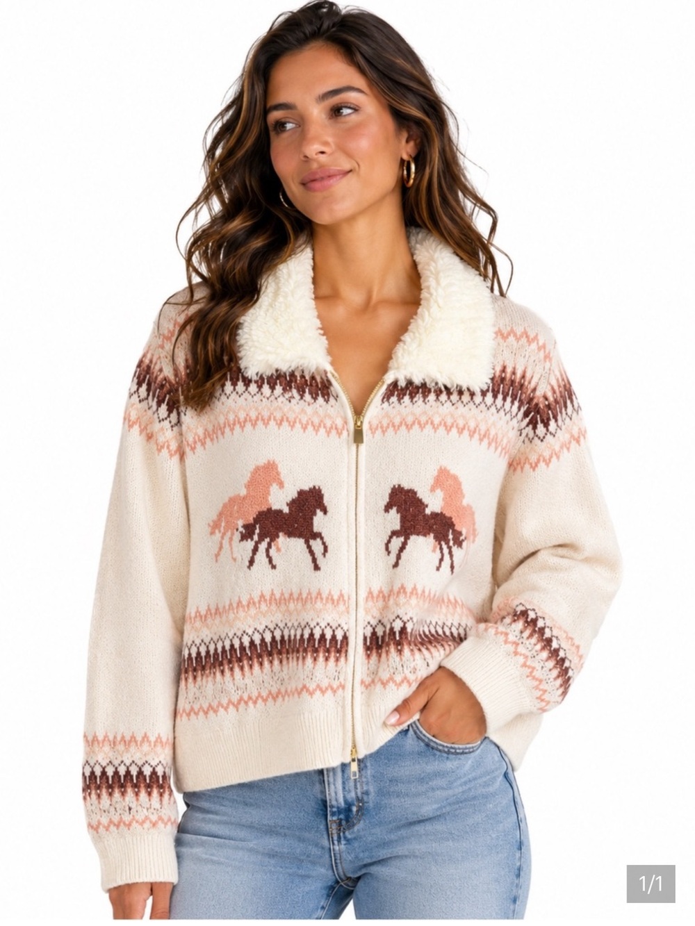Altar'd State Cream Zip-Front Horse Motif Sherpa Collar Jacket